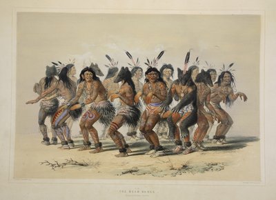 Der Bärentanz, aus Catlins Nordamerikanisches Indianer-Portfolio. Jagdszenen und Vergnügungen der Rocky Mountains und Prärien Amerikas, veröffentlicht 1845 von George Catlin